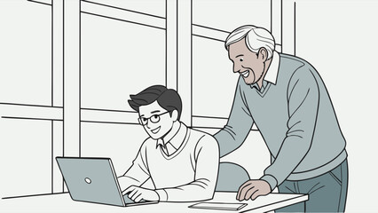 Two Men Working Together on Laptop Computer.