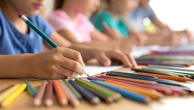 Kids drawing class with colorful pencils.
