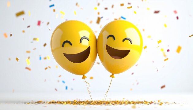 Radiant Joy - Two Glossy Yellow Emoji Balloons Amidst a Vibrant Confetti Explosion.