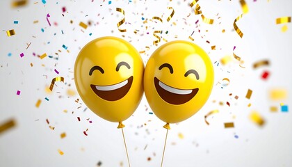 Shared Happiness - Two Grinning Emoji Balloons in a Festive Confetti Shower.