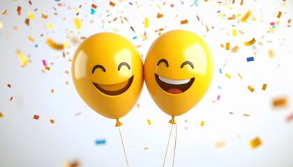 Smiling Friends - Two Happy Emoji Balloons Floating Amidst a Festive Confetti Shower.
