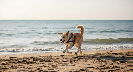 Joyful canine frolic on a sun-kissed seashore, embodying the carefree spirit of summer as it leaps across the sandy expanse with the boundless energy against a serene ocean backdrop