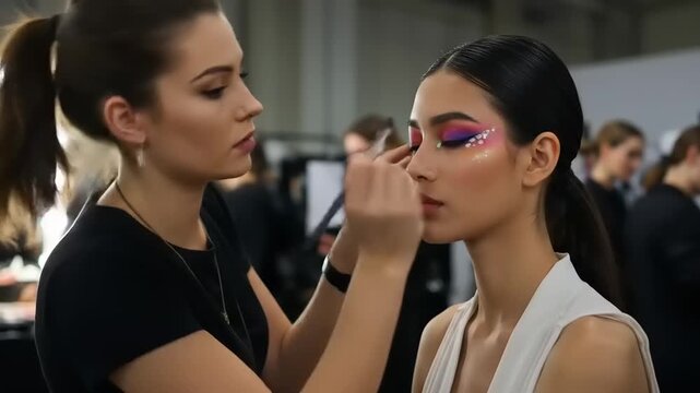Makeup artist applying vibrant eye makeup to model backstage at fashion event with blurred crowd
