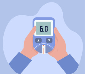 A person's hands holding a glucometer to measure blood sugar. A flat vector illustration about diabetes management and health monitoring