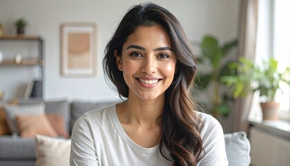 Screen view of happy millennial Hispanic woman look at camera have webcam online digital conference. Portrait of smiling young female speak talk on video call at home. Detailed high quality image.