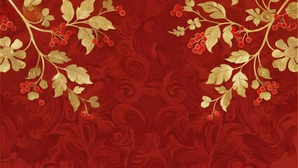 Fototapeta premium Elegant Red Background with Gold Leaves and Berries