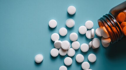 Ultra quality image of macro top view of white Diazepam pills and tablets pouring from a medication bottle with space for text.