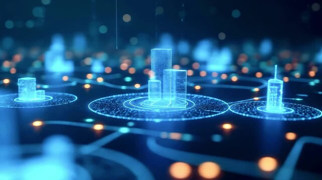 Futuristic digital cityscape with glowing buildings and interconnected data points in a virtual environment - Powered by Adobe