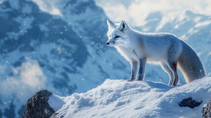 Obraz premium Arctic fox gracefully navigating through a stunning snowy mountain landscape in winter scenery
