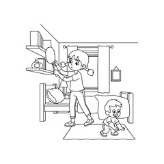 Kids Cleaning Up Their Room: A Black and White Illustration