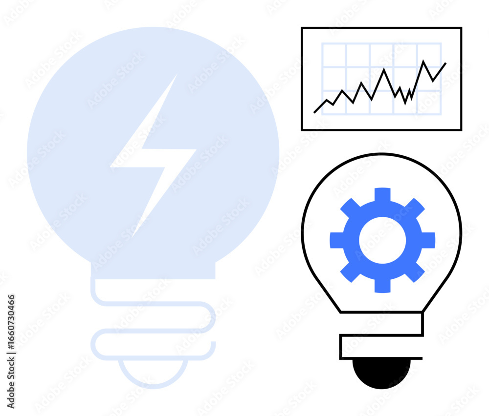 Poster lightbulb with gear symbolizes innovation, growth graph reflects progress and analysis. ideal for te