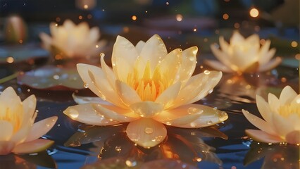 Glowing Water Lilies on a Serene Pond with Sparkling Lights