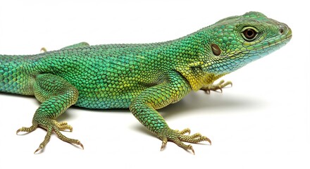Fototapeta premium 鮮やか緑色のトカゲ 白背景 クローズアップ撮影 自然な光. AI Generated