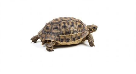 Fototapeta premium 小さな亀 ゆっくり歩く 白背景 明るい自然光. AI Generated