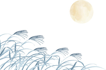 紺のススキと満月の背景イラスト