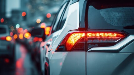 Ultra quality image of white SUV tail lights in city traffic.