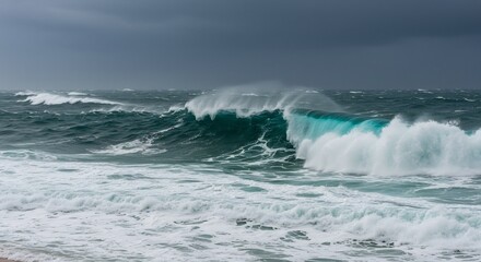 荒波砕ける青緑の海 力強い波しぶきと暗雲. AI Generated