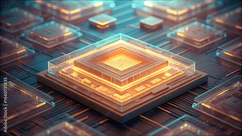 Poster close-up view of layered data chips glowing in standard background