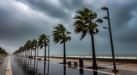Fototapeta premium Empty seafront road during strong tropical storm
