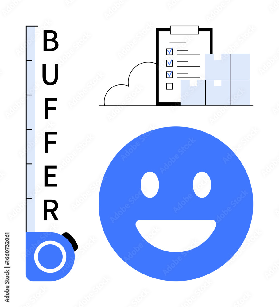 Poster buffer indicator with ruler, checklist with boxes, and smiling face symbolizing efficiency, organiza