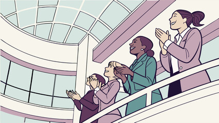 Diverse Group of Businesswomen Applauding in Modern Building.