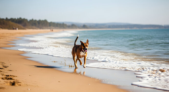 Dynamic depiction of a joyful canine sprinting along a sun-drenched beach, embodying freedom, vitality, and the pure exuberance of nature meeting domestic companionship against a scenic coastal