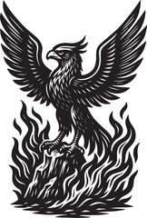 Obraz premium Phoenix of Flames in Linocut Style, in Black and White Linocut Style Art