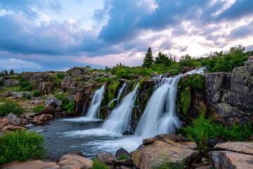 Scenic Waterfall Cascading Over Rocky Terrain Under a Dramatic Sky in the High Uintas Wilderness