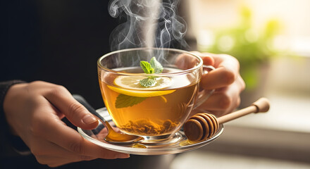 Embrace the warmth of a clear cup of herbal tea, lemon slice, fresh mint, steam rising gracefully, held in gentle hands, alongside a honey dipper promising sweetness, creating an inviting scene of