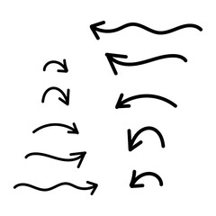 手描きのスムーズな黒いペンの矢印。シンプルで均一なシルエット。ベクター。背景透過