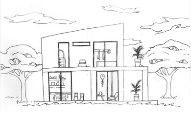 Line art of an elegant house with trees in the background