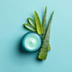 Minimal Skincare Scene with Aloe Vera Slices and Teal Cream Jar on Transparent Background