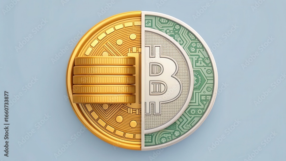 Poster physical and digital currency comparison: 3d visual representation