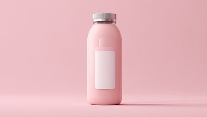 Pink beverage bottle with blank label on a pastel pink background