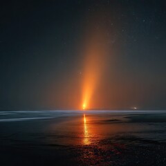 Naklejka premium A fiery beam ascends from the ocean shore under a starlit night sky, reflecting in the tranquil water