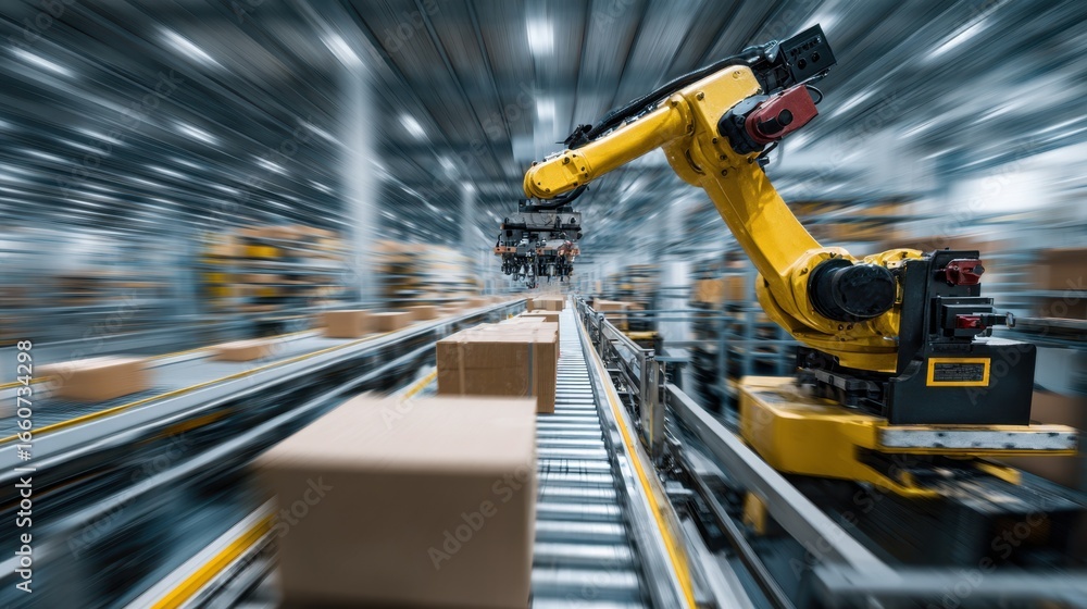 Poster medium shot of an automated robotic arm placing products into subscription boxes rapidly arm and pro