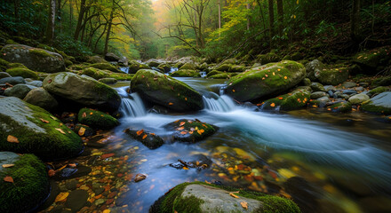 Tranquil stream cascades over mossy rocks amid autumn foliage, creating a serene waterscape of flowing water, stones, and surrounding woodland's verdant colors and natural beauty