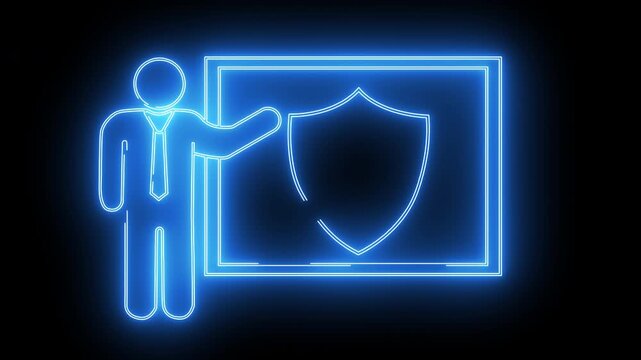 shield icon and presentation icon on screen with neon effect