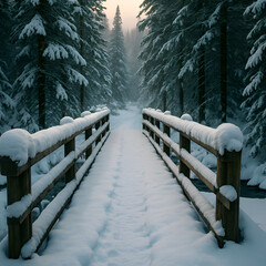 Serene Snowy Wooden Bridge Crossing a Winter Forest Landscape