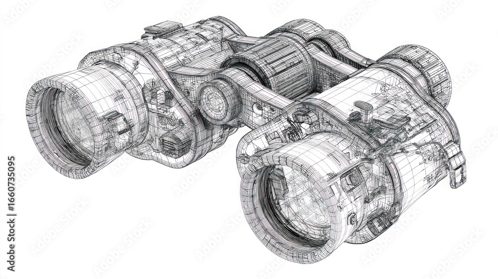 Poster intricate wireframe model of binoculars, showing details and design elements