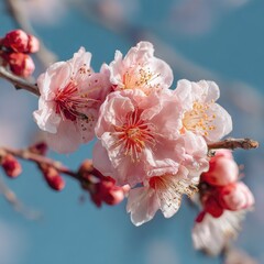 Delicate pink blossoms cluster on a branch against a clear blue sky, showcasing intricate details of petals and stamens
