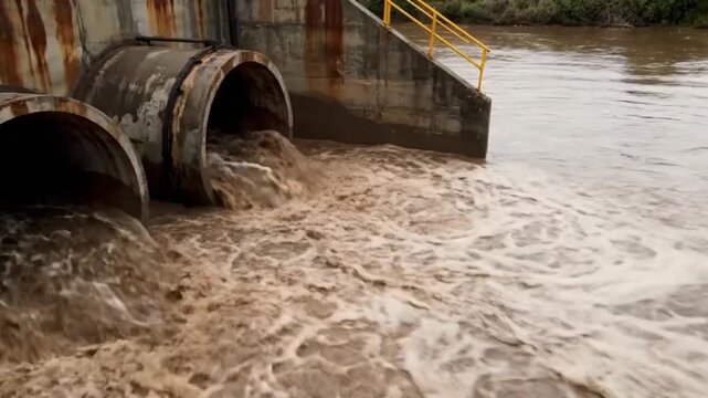 Two large pipes discharge a substantial flow of murky, sediment-laden water into a natural river, vividly illustrating significant environmental impact and water contamination issues.