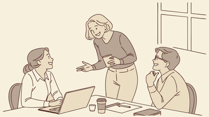 Illustrated Business Meeting with Three People at a Desk.