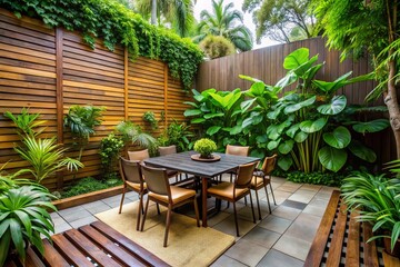 Fototapeta premium Balinese Inspired Garden Design: Modern Outdoor Dining Space with Monstera & Creeping Fig