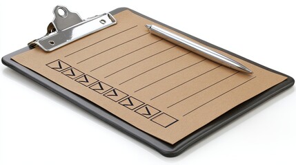 Brown Paper Checklist On Black Clipboard With Silver Pen Detailed Close Up Studio Shot Of Office Supplies For Task Management And Productivity