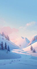 Winter wonderland scene with snow covered mountains and trees