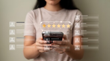 Futuristic technology concept person holding smartphone with glowing data overlays