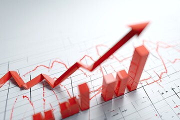 Obraz premium Red upward arrow and bars, business concept, over a graph background