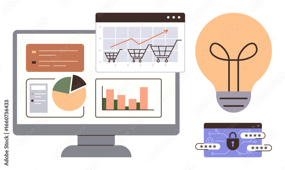 Poster desktop screen displaying analytics, bar chart, pie chart, and shopping carts. adjacent are a lightb
