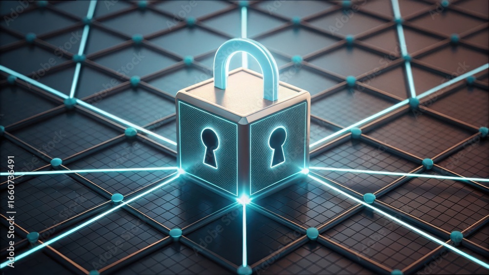 Poster digital lock icon emerging from cube on futuristic grid surface